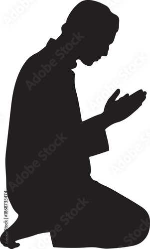 A muslim man in prayer silhouette against a white background