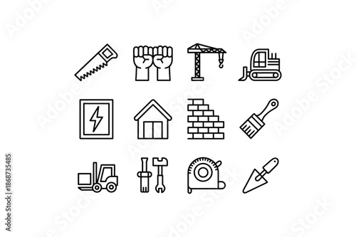 Construction and renovation icons including tools and machinery saw fist crane excavator electricity