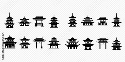 Collection of traditional Asian temple and pagoda silhouettes, representing ancient architecture and cultural landmarks.