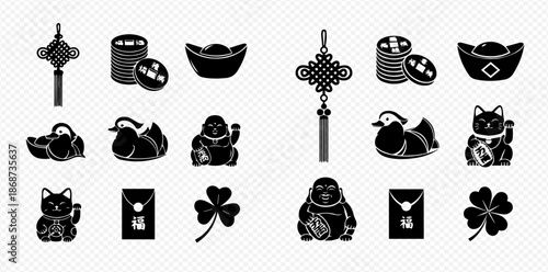 Set of Chinese and Japanese good luck symbols and charms in black silhouette icons.