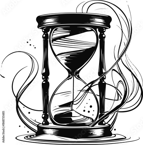 Black and white line art of an hourglass transforming into flowing sand lines, modern abstract vector illustration