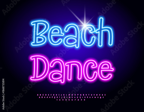 Vector Neon invitation Beach Party. Glowing Glowing Font. Led Light Blue Alphabet Letters and Numbers set.