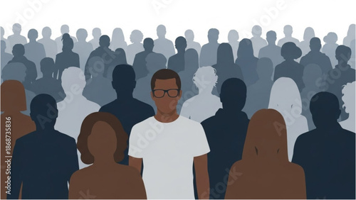 A man stands out in a diverse crowd of people from behind, facing forward, in a public gathering.