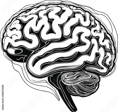 Black and white line art of a human brain illustrated as flowing abstract lines, clean vector, conceptual design 1