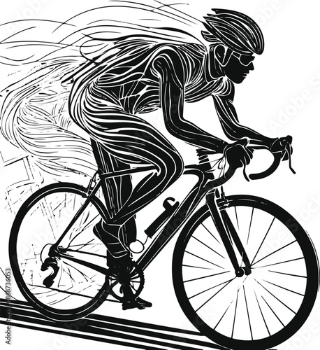 Black and white line art of a cyclist formed entirely with dynamic motion lines, clean vector illustration, no background elements