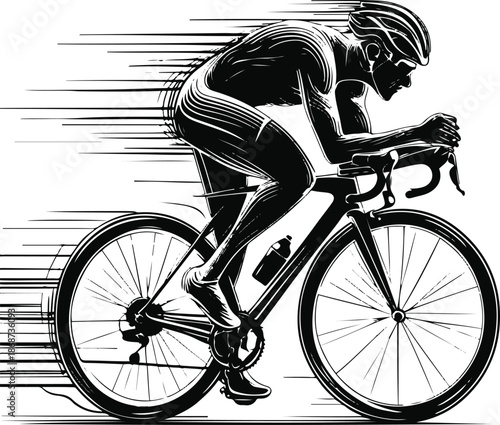 Black and white line art of a cyclist formed entirely with dynamic motion lines, clean vector illustration, no background elements 1