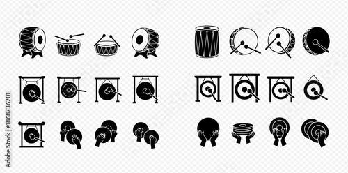 Traditional musical instruments vector icons set, featuring drums, gongs, and percussion instruments in black and white.