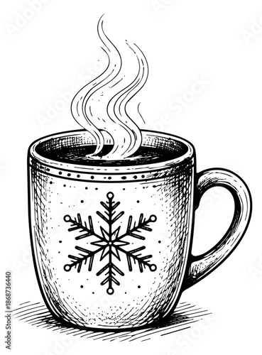 Hand drawn illustration of a steaming coffee mug depicting a snowflake design for winter holidays