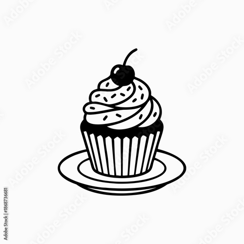 Delicious cupcake with cherry topper and sprinkles on saucer, minimalist line art muffin vector illustration isolated on white background.