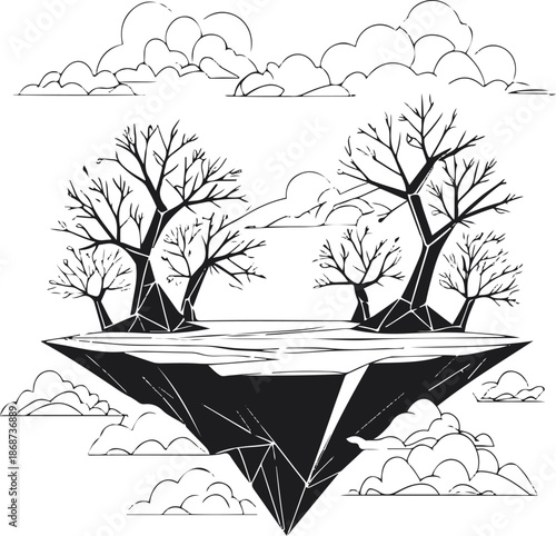 Black and white continuous line art of a floating island with geometric trees and clouds, minimal vector illustration, thin stroke, no gradients 3