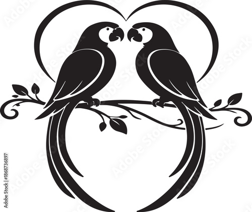 A minimalist black-and-white vector illustration featuring two parrots sitting on a decorative branch, facing each other and forming a heart shape with their curved bodies and tails. 