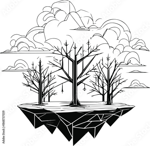 Black and white continuous line art of a floating island with geometric trees and clouds, minimal vector illustration, thin stroke, no gradients 1
