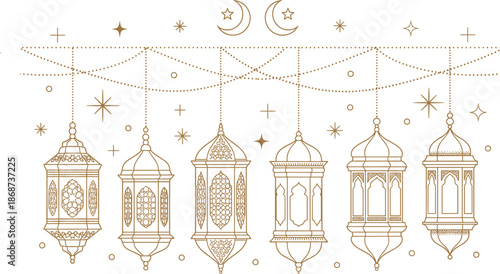 Traditional Arabic hanging lanterns set with stars and crescent moon for Ramadan Kareem and Eid Mubarak festive celebration background.