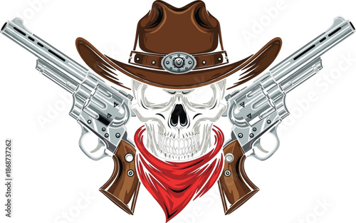 Wild west cowboy skull wearing brown hat and red bandana with crossed revolvers and pistols vintage vector illustration.