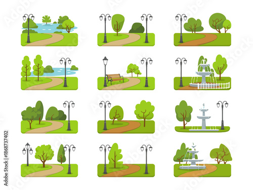 A collection of cartoon park scenes with trees, paths, and water features