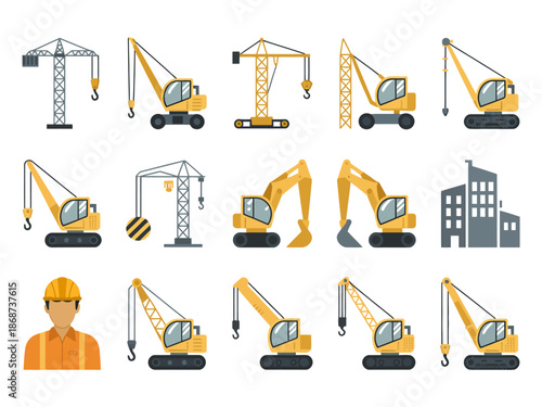 A collection of construction equipment and a worker in a hard hat and safety vest.