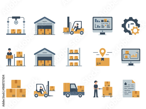 A collection of warehouse and logistics icons featuring various scenes of package delivery and management