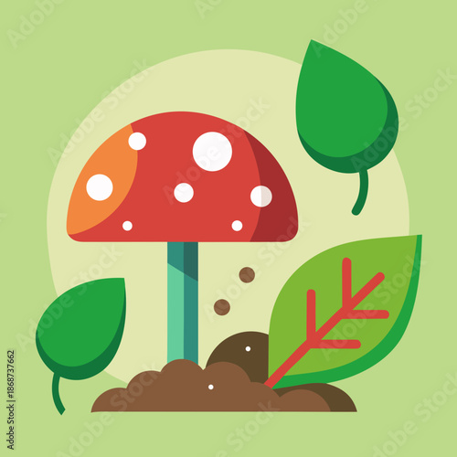 Title: A colorful of a red mushroom with white spots and green leaves on a light background