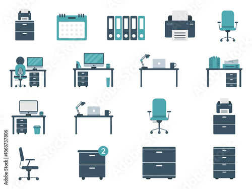 A collection of office supplies and furniture icons on a white background