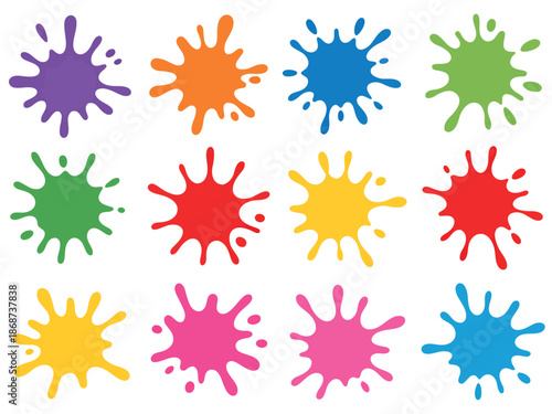 A colorful illustration of paint splatters in various vibrant hues on a white background