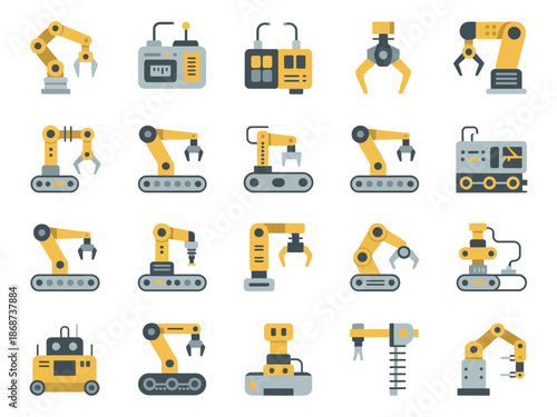 A collection of various industrial robotic arms and construction equipment illustrations