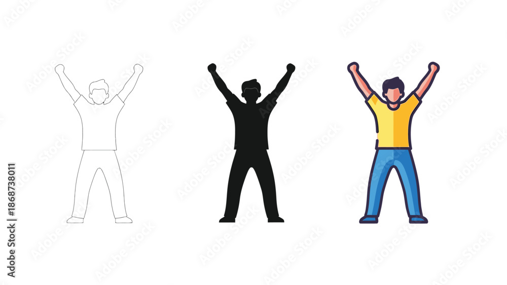 Fototapeta premium Collection of three different style icons depicting a man celebrating victory or expressing excitement with both arms raised high above his head celebrating success