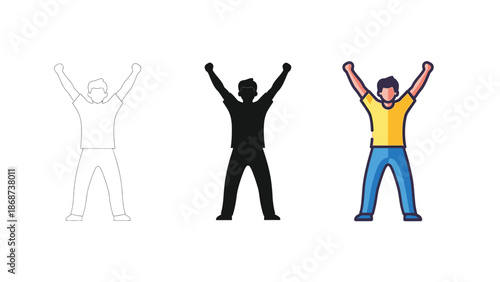 Collection of three different style icons depicting a man celebrating victory or expressing excitement with both arms raised high above his head celebrating success