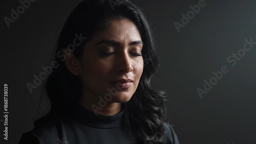 Confident young woman with long dark hair against dark background