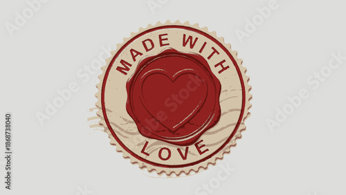 Round red wax seal stamp with "MADE WITH LOVE" text and heart icon on a light textured background