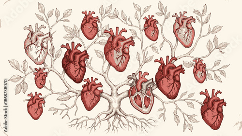 Symbolic tree with human hearts growing as fruit on its branches on a light textured background