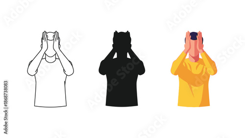Collection of three distinct styles showing a man holding his head in distress featuring line art silhouette and flat color vector illustrations