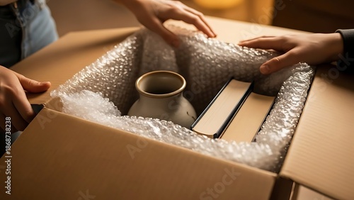 Hands packing ceramic vase and books into cardboard box using bubble wrap for safe transportation