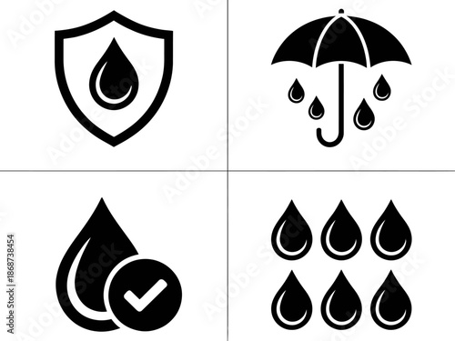 A collection of black and white icons representing water droplets and protection
