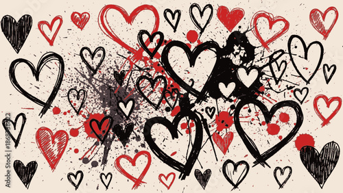Dynamic grunge background with messy hand-drawn hearts and paint splatters, conveying passionate and raw emotions of love.