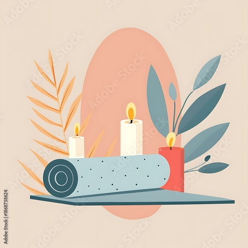 Serene yoga setup with candles and plants on a minimalist table indoors