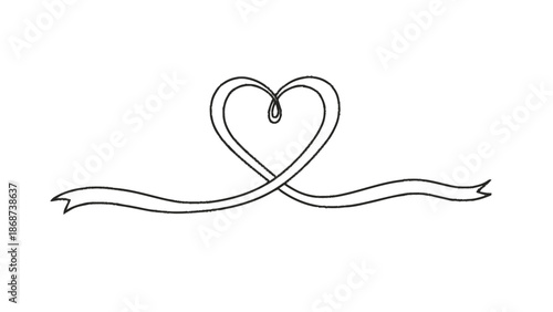 Elegant continuous line art of a ribbon forming a heart shape on an isolated white background, symbolizing love and unity.