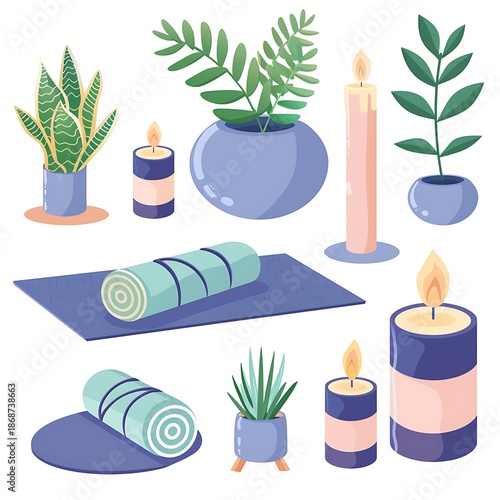 Yoga mat with rolled towels and lit candles surrounded by potted plants on a serene background viewed from above.
