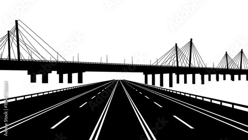 Silhouette of a multi lane highway with cable stayed bridges on a white background with road and transportation and infrastructure and travel