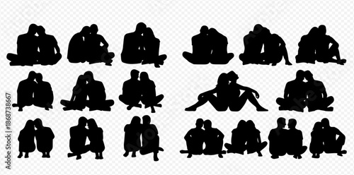 Collection of romantic couple silhouettes in various poses showing love and affection.