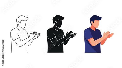 Set of three graphic representations of a man enthusiastically applauding or clapping his hands in approval showing outline solid silhouette and color versions