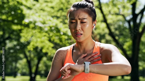 Woman experiencing chest pain outdoors under bright sunlight