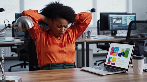 Woman experiencing pain while working at a modern office desk