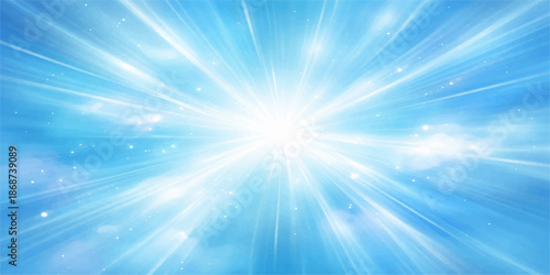 An abstract blue sky background with bright summer sunlight and glowing rays bursting through clouds creates a sunny nature backdrop with a vibrant flare design