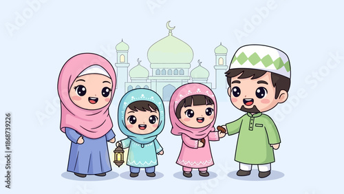 Cartoon Muslim Family Celebrating Eid with Mosque Background.