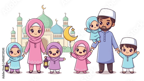 Cartoon Muslim Family Celebrating Eid with Mosque Background.
