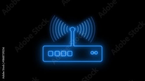 Neon-style animation of a Wi-Fi router with signal waves on a black background