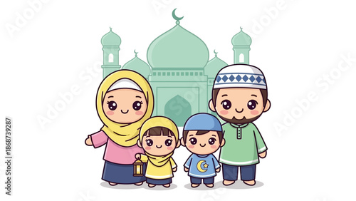 Cartoon Muslim Family Celebrating Ramadan with Mosque Background.