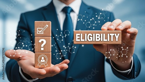 Businessman presenting eligibility criteria with wooden blocks