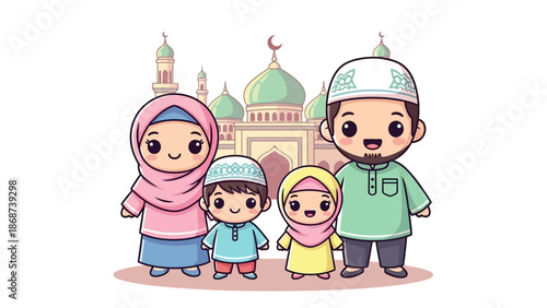 Cartoon Muslim Family Portrait with Mosque Background.