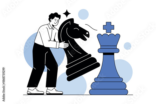 A man making a strategic move with a large black chess knight to protect a blue king piece